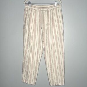 Zara Linen Cotton Striped Pants Large Ivory Brown Beige Tapered Wide‎ Leg